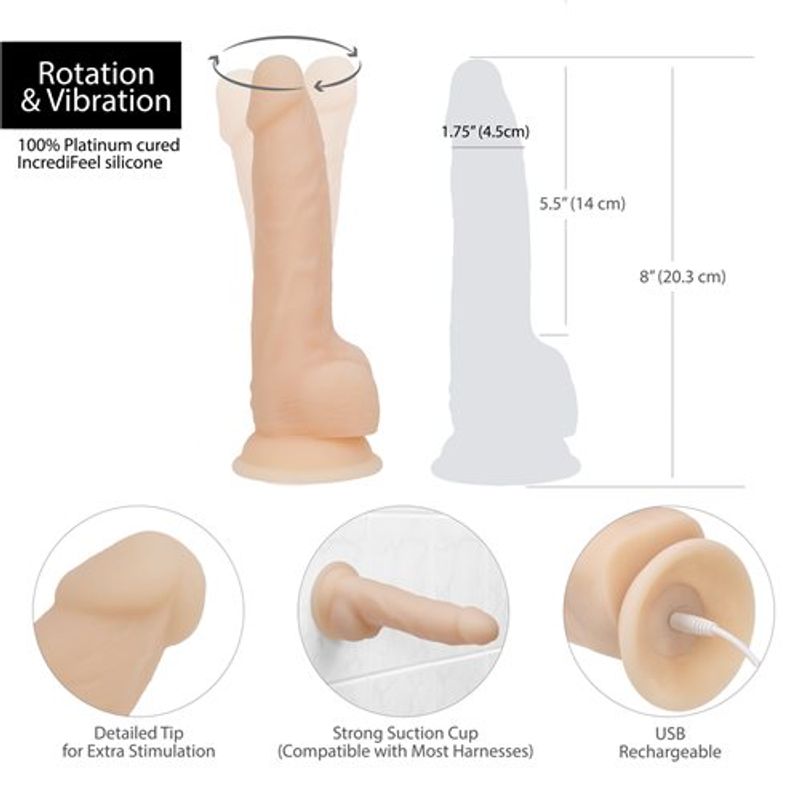 Rotating 8in Vibrating Silicone Dildo w Remote Vanilla