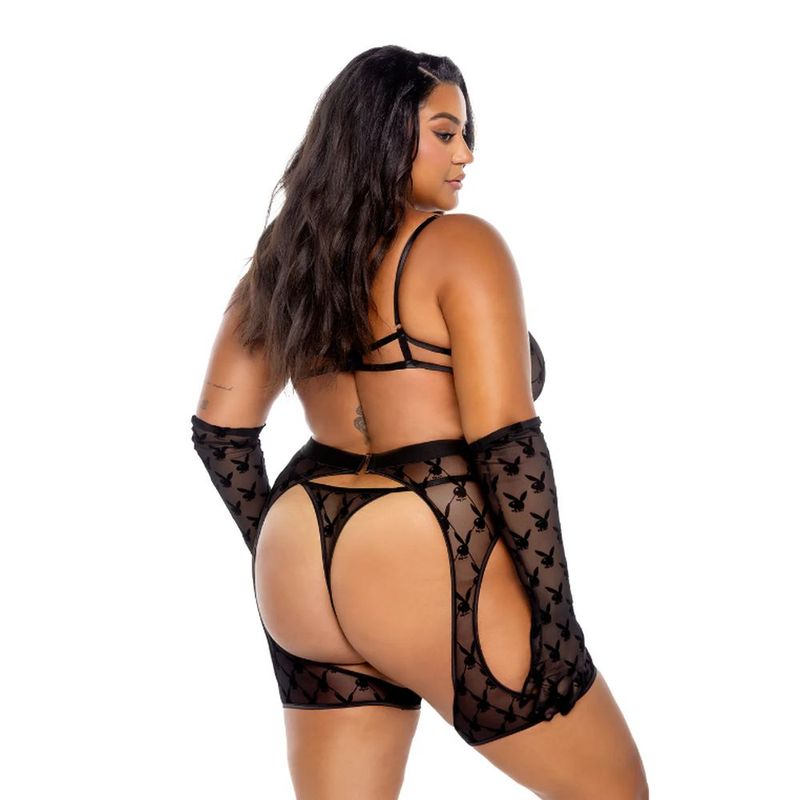 Playboy Flocked Bunny Chaps 3 Pc Set  Black